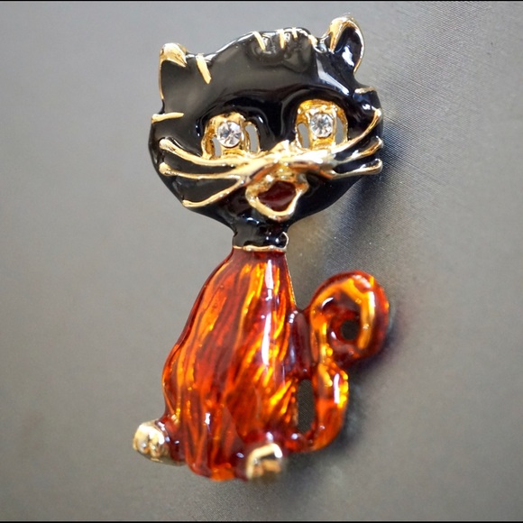 Vintage Black & Orange Enameled Kitty Cat Pin - Picture 1 of 6